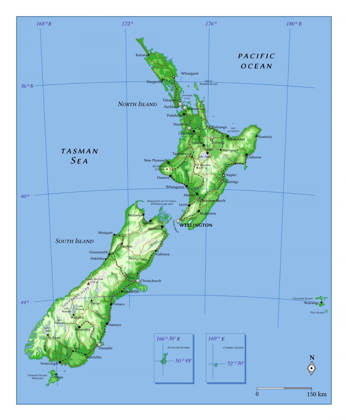 Carte d'altitude de la Nouvelle-Zélande