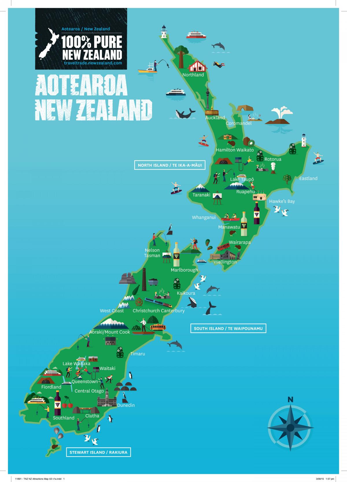 Carte des attractions touristiques de la Nouvelle-Zélande